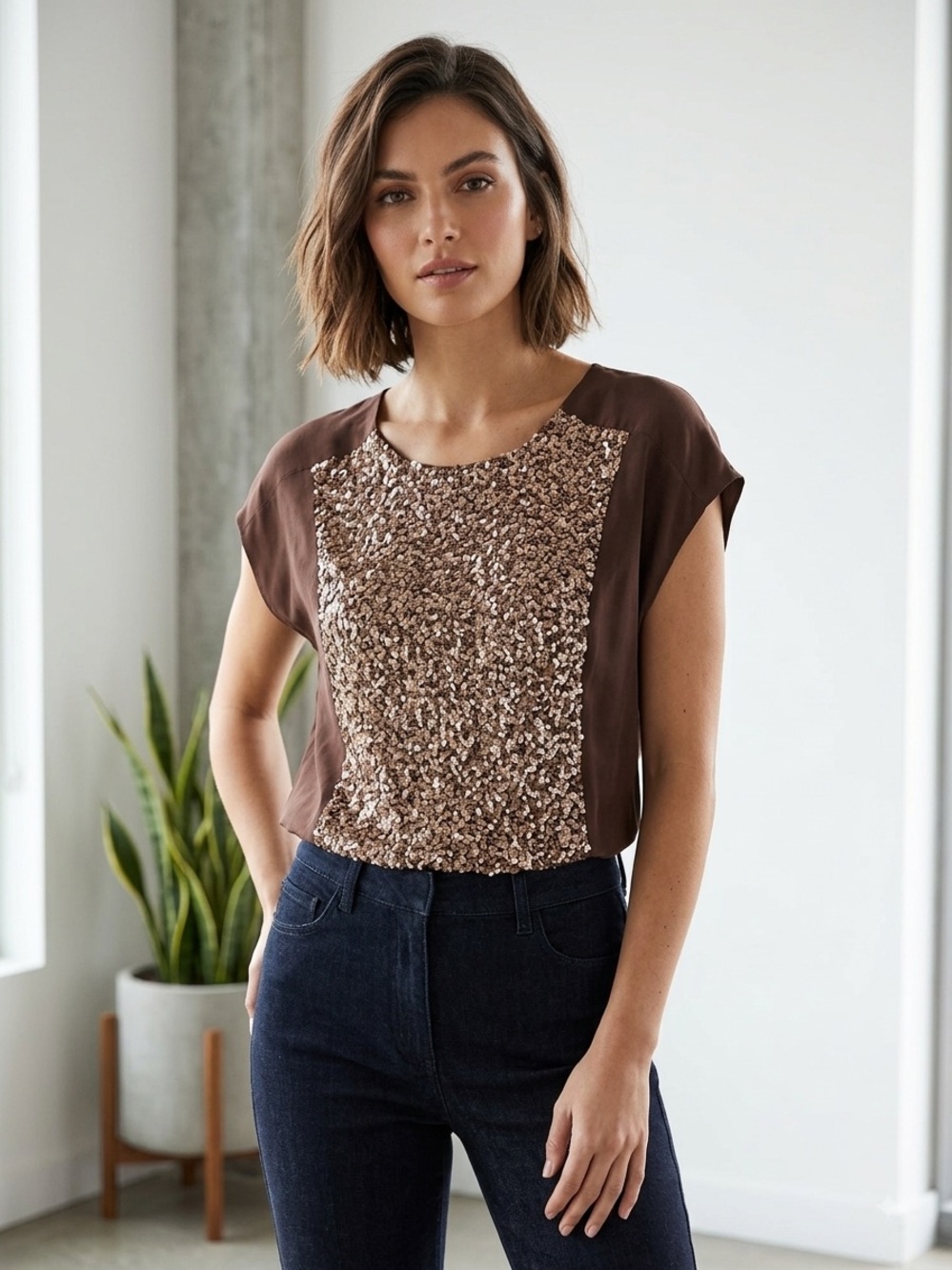 Shoshanna 100% Silk Sequin Blouse in Brown size 6